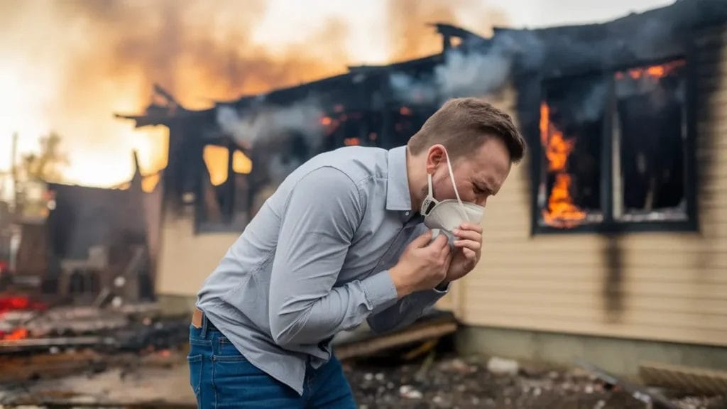 man coughing smoke soot house fire