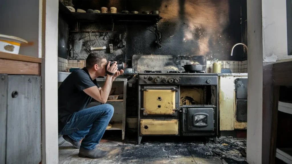 man photographing charred kitchen