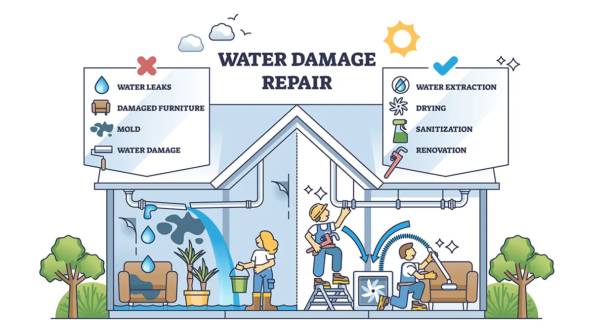 Illustration of water damage repair showing issues like leaks and mold on the left, and cleanup and restoration on the right
