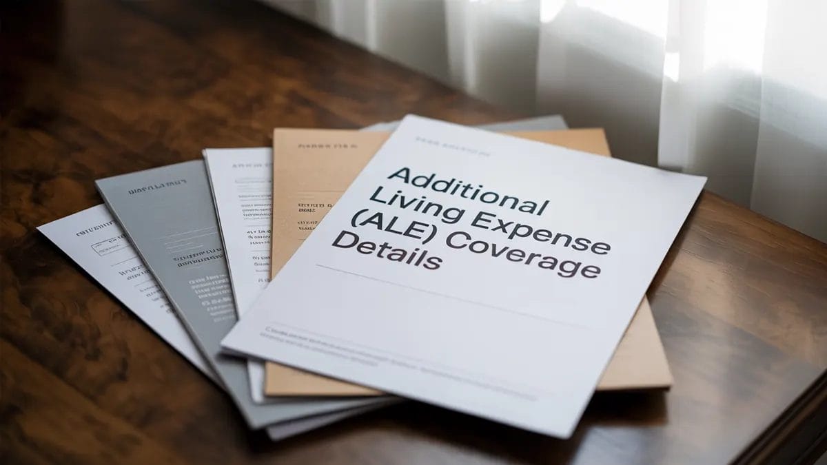 A stack of documents on a wooden table, with the top one titled 'Additional Living Expense (ALE) Coverage Details,' related to insurance policy information