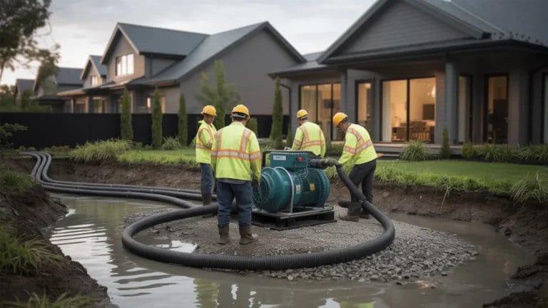 Utility workers in safety gear operating a large pump to remove floodwater from a residential neighborhood, with hoses leading from a water-filled trench in front of modern suburban homes