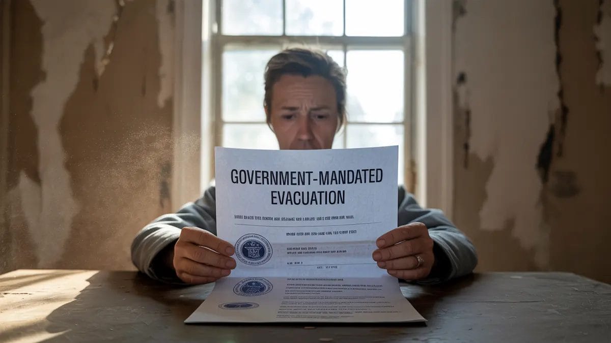 Person reading a document titled 'Government-Mandated Evacuation' in a dimly lit, damaged room with peeling walls and dust in the air