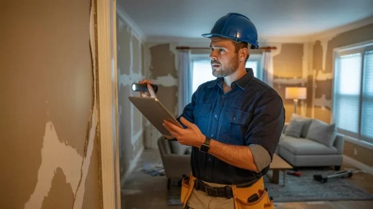 Home inspector in a blue hard hat examining wall damage inside a partially renovated living room, using a flashlight and tablet to document the assessment