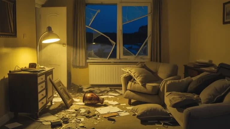 Living room ransacked during a theft at night, with broken windows, scattered papers, fallen furniture, and signs of forced entry, lit by a single lamp