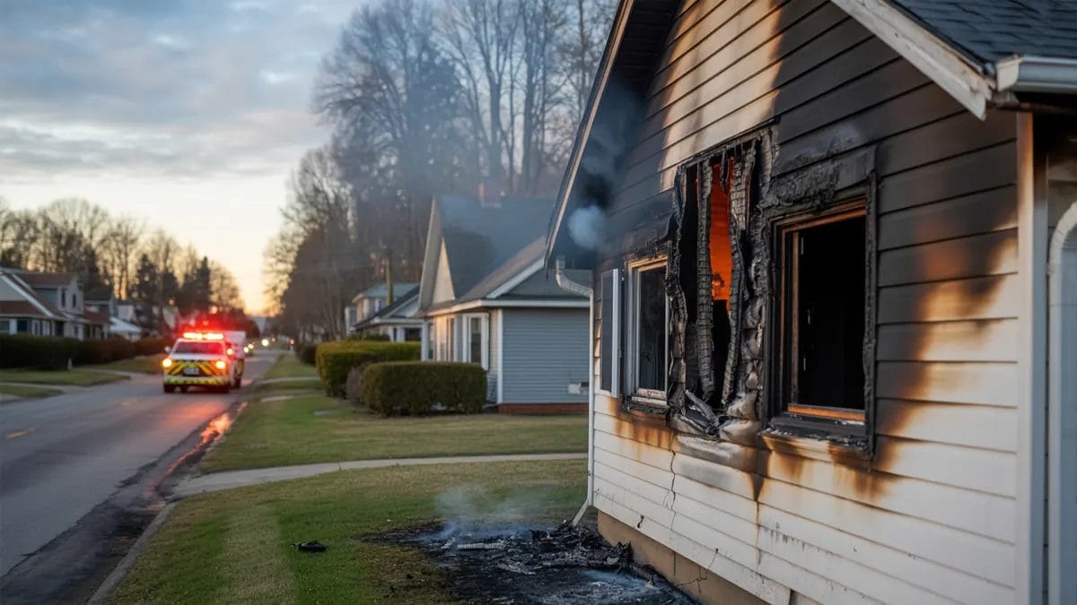 Exterior of a burned house with severe fire damage around the windows and siding, smoke still rising as an emergency vehicle with flashing lights approaches down the residential street