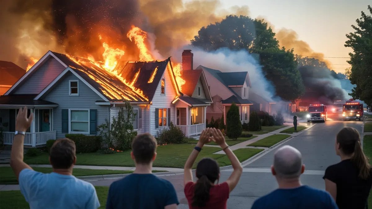 Group of people watching firefighters respond to a house engulfed in flames on a suburban street, with smoke billowing and fire trucks arriving at the scene during sunset