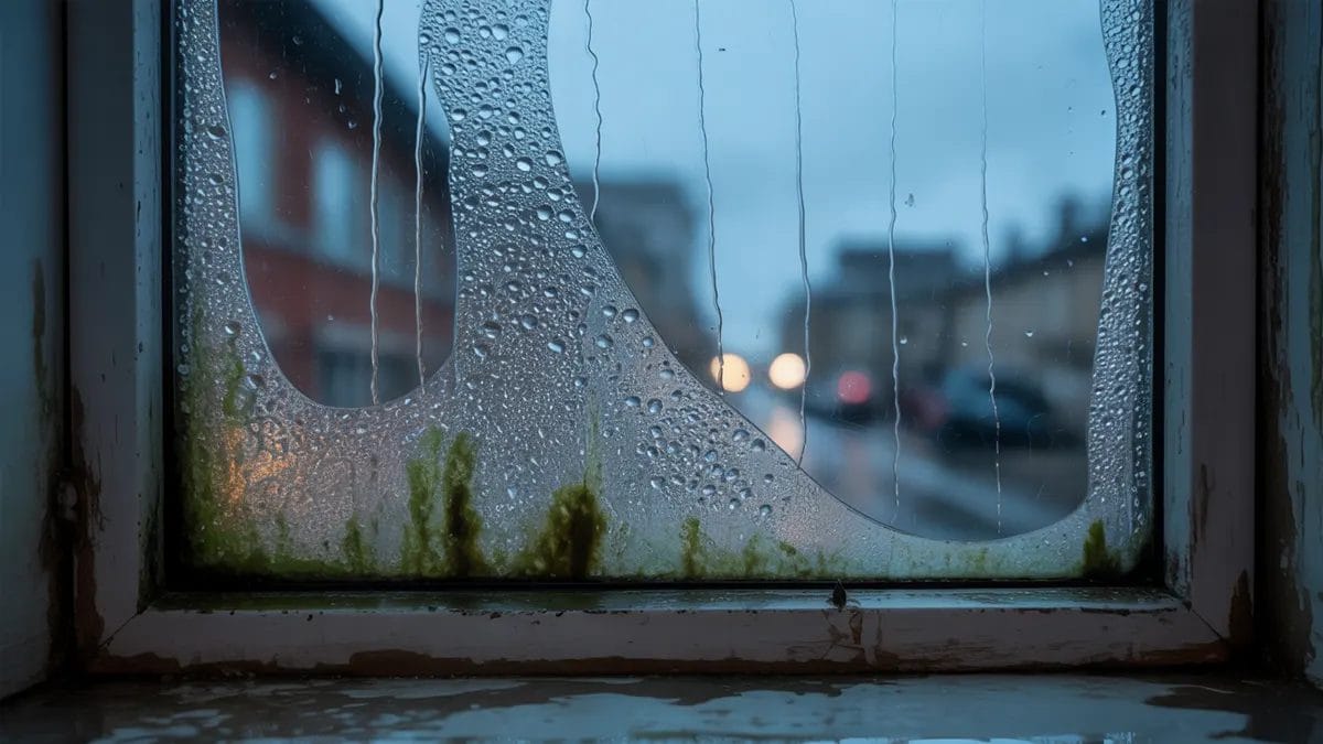 Close-up of a window with heavy condensation, visible mold growth on the frame, and water damage, looking out onto a rainy urban street scene