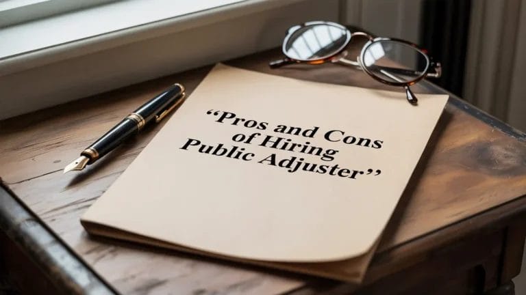Document titled 'Pros and Cons of Hiring Public Adjuster' on a wooden desk, accompanied by a fountain pen and a pair of eyeglasses near a window