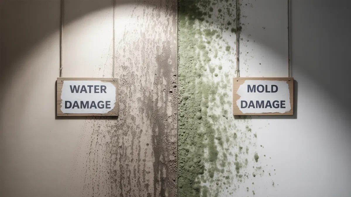 Split wall comparison showing water damage on the left side and mold damage on the right, each labeled with a hanging sign for visual distinction